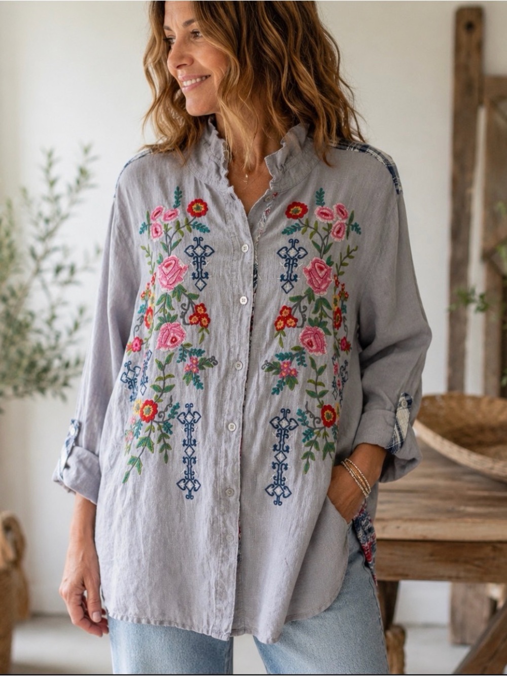 John Mark Linen Embroidered Floral Patchwork Tunic Shirt Boho Cottagecore XL